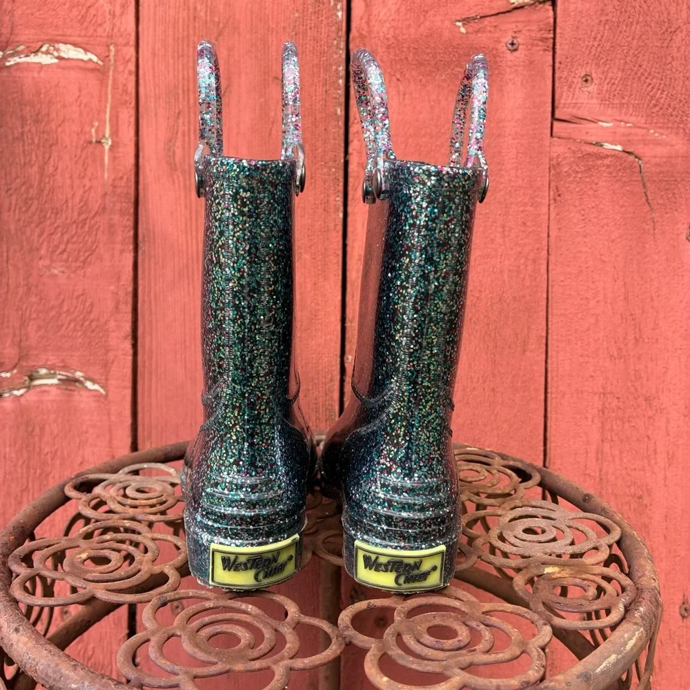 Western Chief Kids Rain Boots Black Silver Jelly Waterproof Glitter 6T EU22